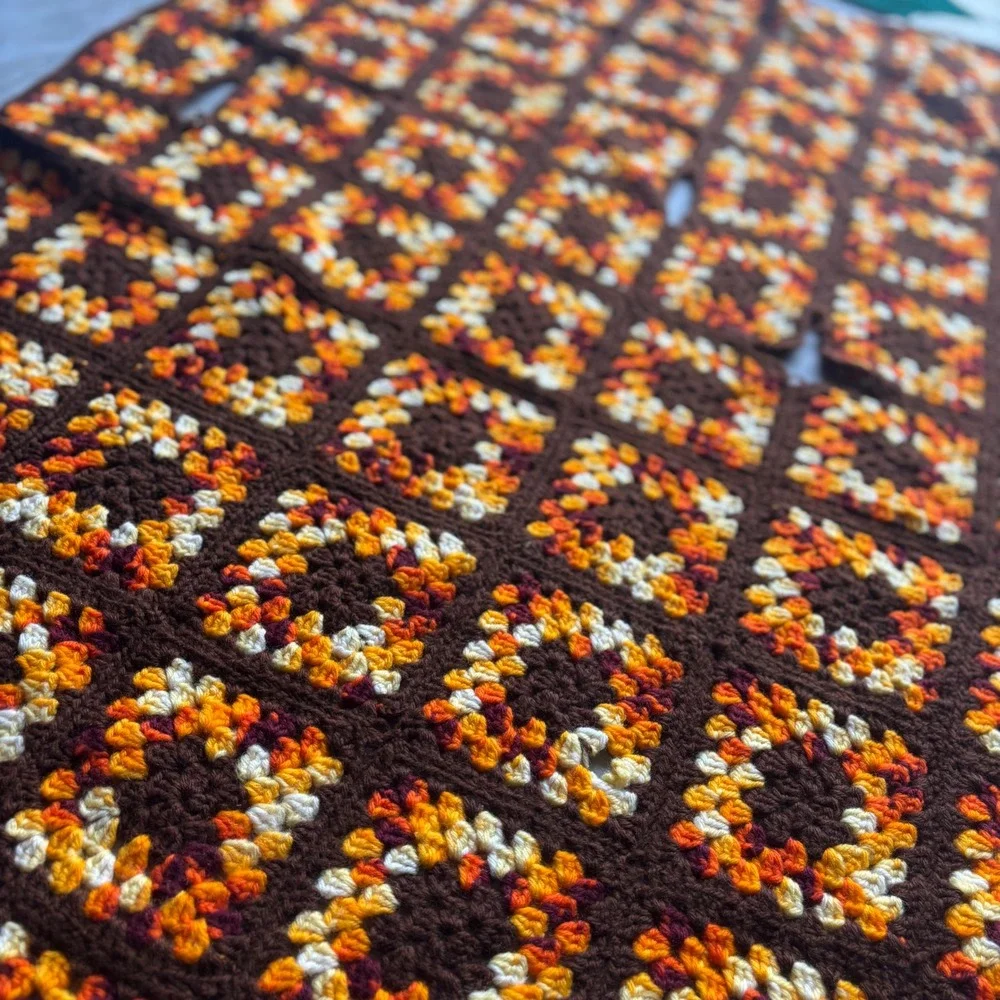Vintage Handmade Crochet Granny Square Afghan Blanket Brown Orange Yellow 66x37